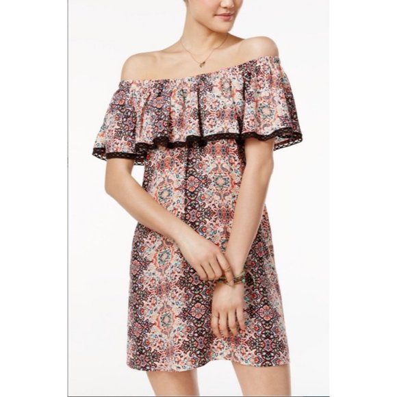 JUNIORS OFF-THE-SHOULDER SHIFT DRESS, COMBO - Picture 1 of 7